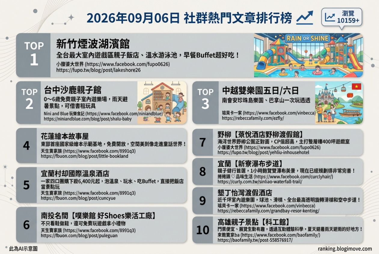 2026年09月06日 | 親子旅行 | 熱門社群文章導讀:全台最大室內遊戲區、越南親子樂園與宜蘭溫泉酒店成焦點 2026年09月06日 | 親子旅行 | 熱門社群文章導讀:全台最大室內遊戲區、越南親子樂園與宜蘭溫泉酒店成焦點 @Blogimove Ranking