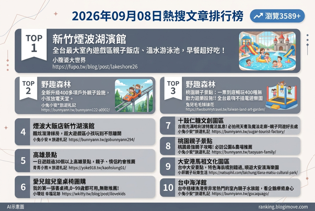 2026年09月08日| 親子旅行 | 熱搜文章導讀:新竹湖濱館、桃園野趣森林與全台親子景點攻略 2026年09月08日| 親子旅行 | 熱搜文章導讀:新竹湖濱館、桃園野趣森林與全台親子景點攻略 @Blogimove Ranking