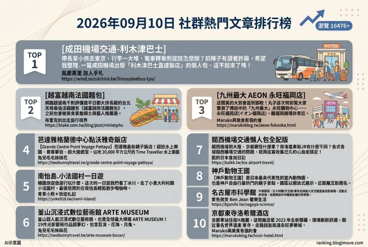 2026年09月10日 | 國外旅行 | 熱門社群文章導讀:日本機場交通、泰國親子飯店與釜山數位藝術。 2026年09月10日 | 國外旅行 | 熱門社群文章導讀:日本機場交通、泰國親子飯店與釜山數位藝術。 @Blogimove Ranking