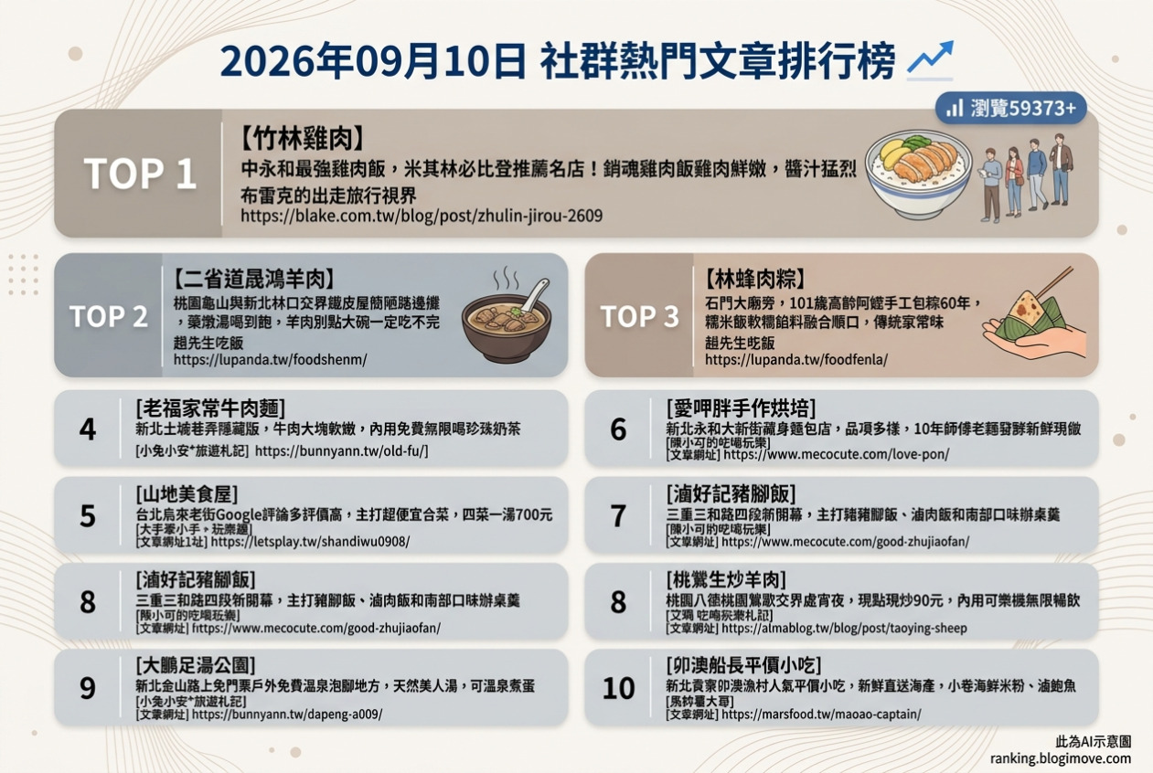 2026年09月10日 | 台灣美食 | 熱門社群文章導讀：銷魂雞肉飯、免費珍珠奶茶牛肉麵與百年傳承肉粽 @Blogimove Ranking