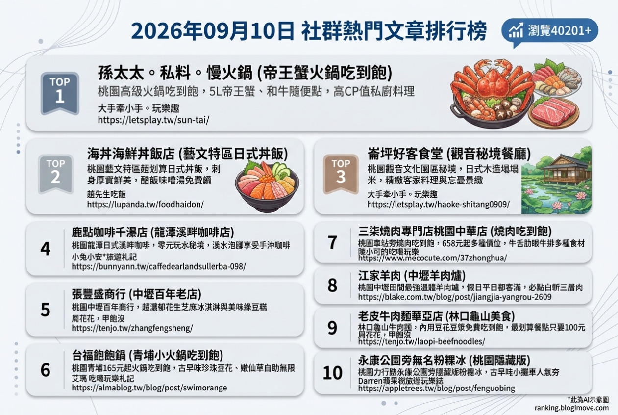 2026年09月10日 | 桃園美食 | 熱門社群文章導讀：帝王蟹吃到飽、日式丼飯與客家秘境餐廳 @Blogimove Ranking