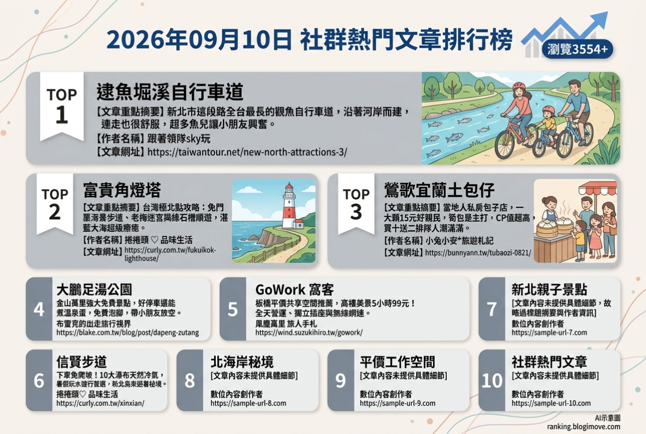 2026年09月10日 | 國內旅遊 | 熱門社群文章導讀：新北親子景點、北海岸秘境與平價工作空間 @Blogimove Ranking