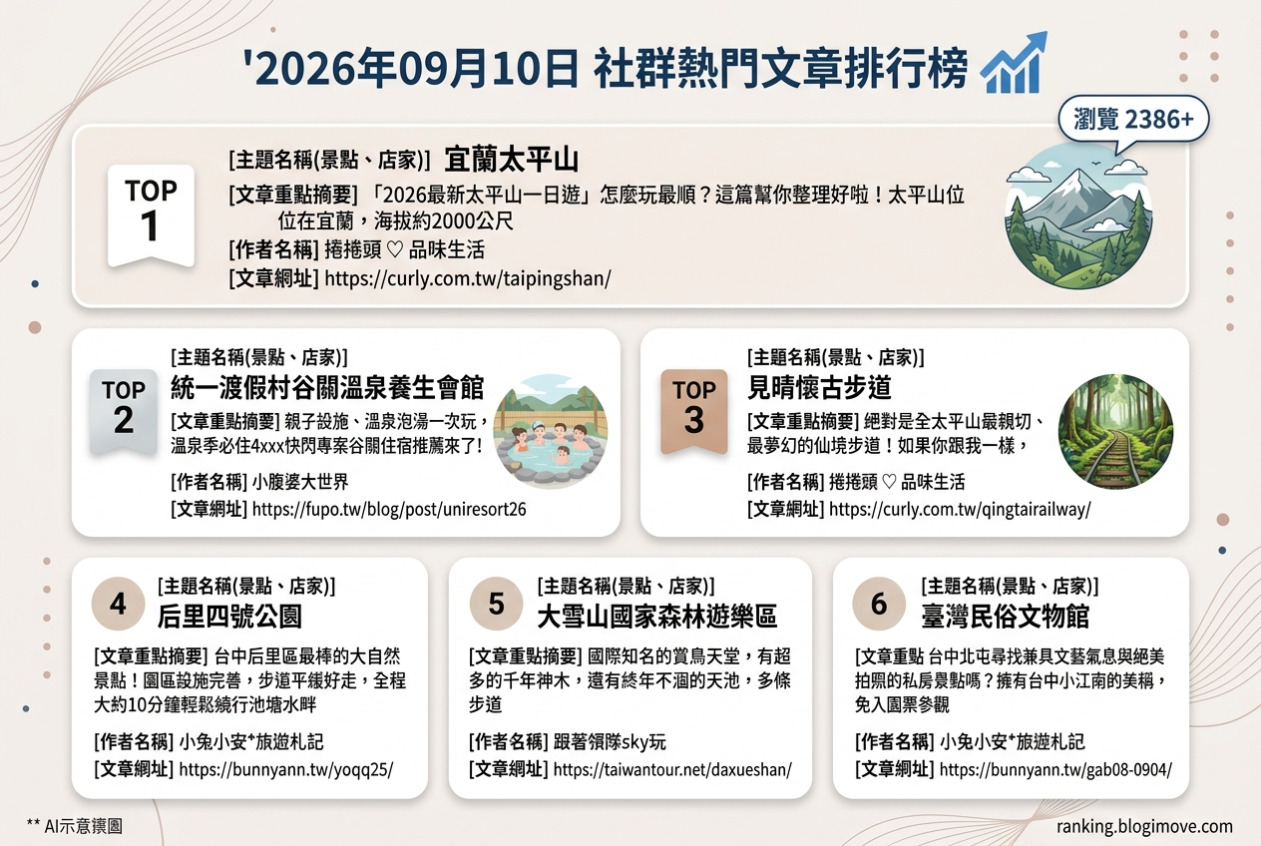 2026年09月10日| 國內旅遊 | 熱門社群文章導讀：太平山自然風光、谷關溫泉親子樂與台中秘境 @Blogimove Ranking