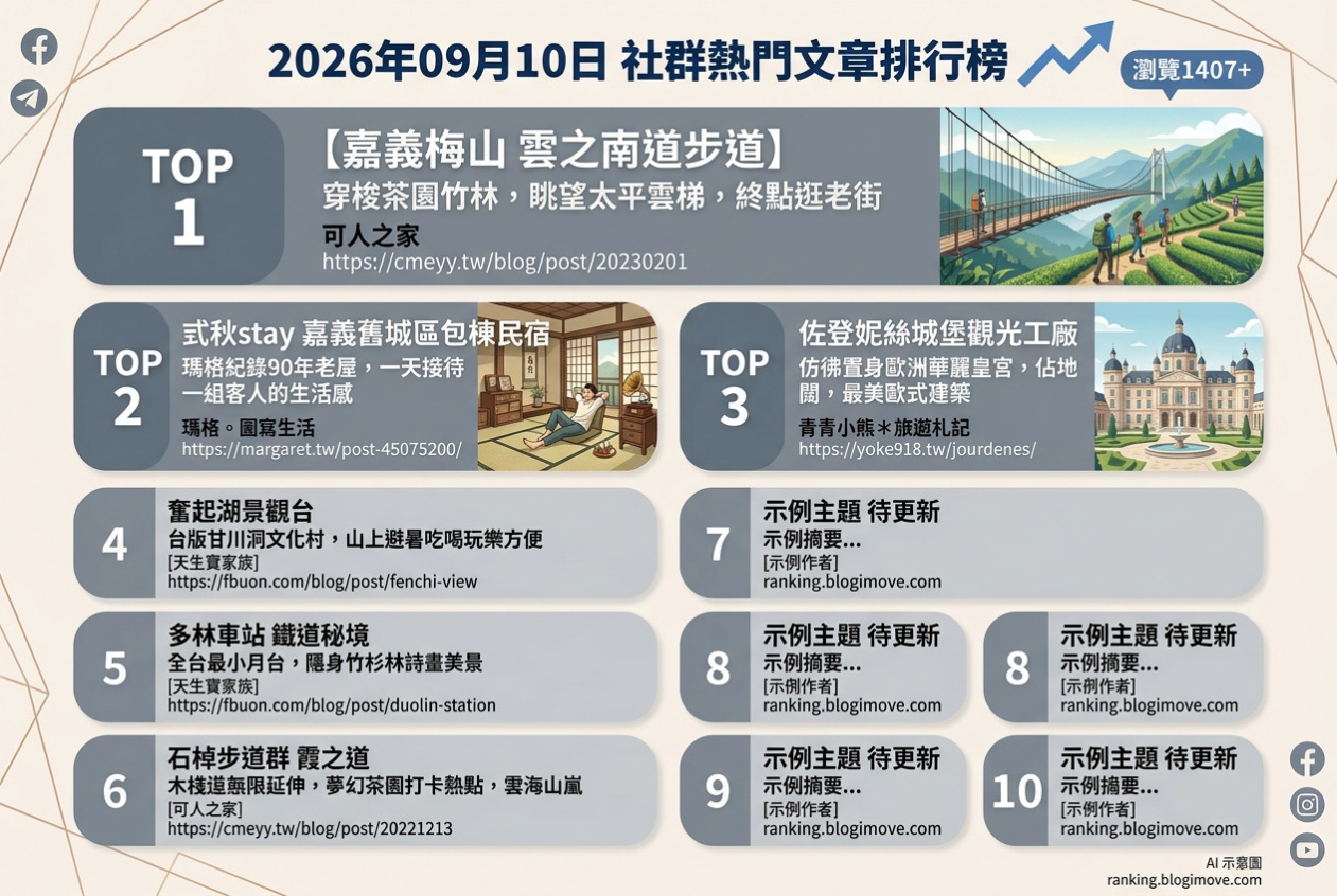 2024年09月10日| 嘉義景點 | 熱門社群文章導讀：雲梯健行、老屋民宿與歐式城堡 @Blogimove Ranking