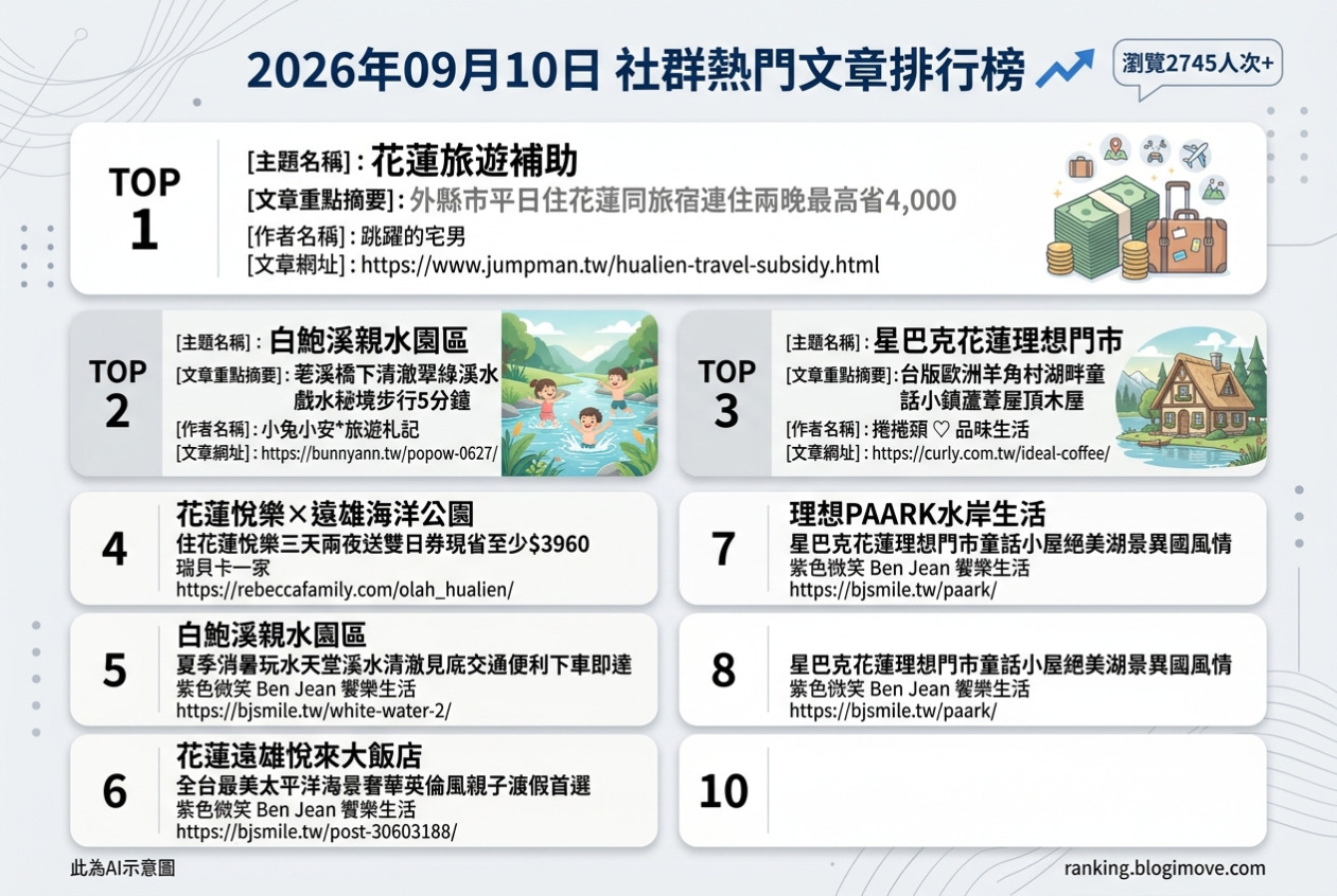 2026年09月10日 | 花蓮景點 | 熱門社群文章導讀：花蓮旅遊補助、親水秘境與童話星巴克。 @Blogimove Ranking