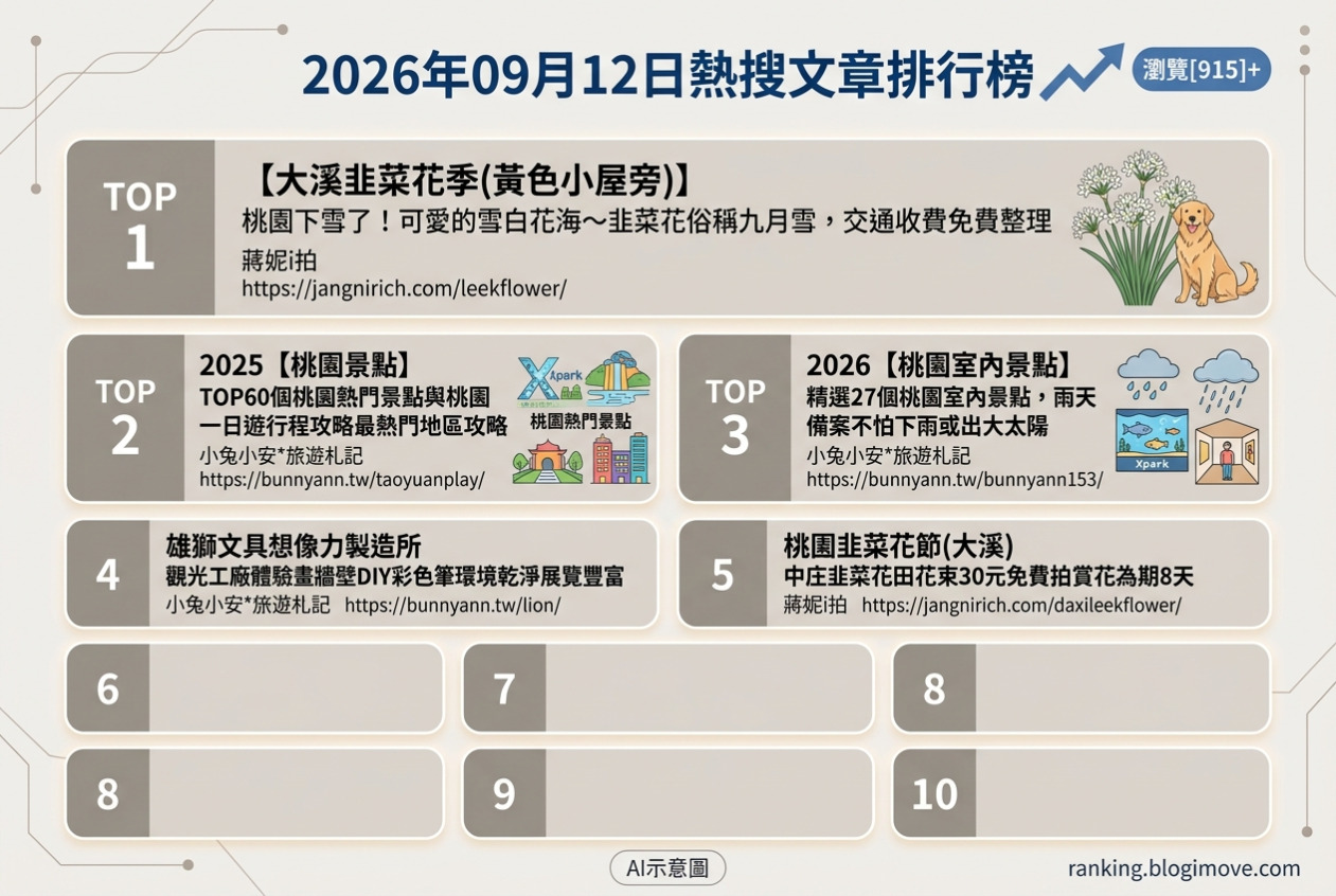 2026年09月12日| 國內旅遊 | 熱搜文章導讀：桃園韭菜花季、室內景點與熱門旅遊攻略。 @Blogimove Ranking