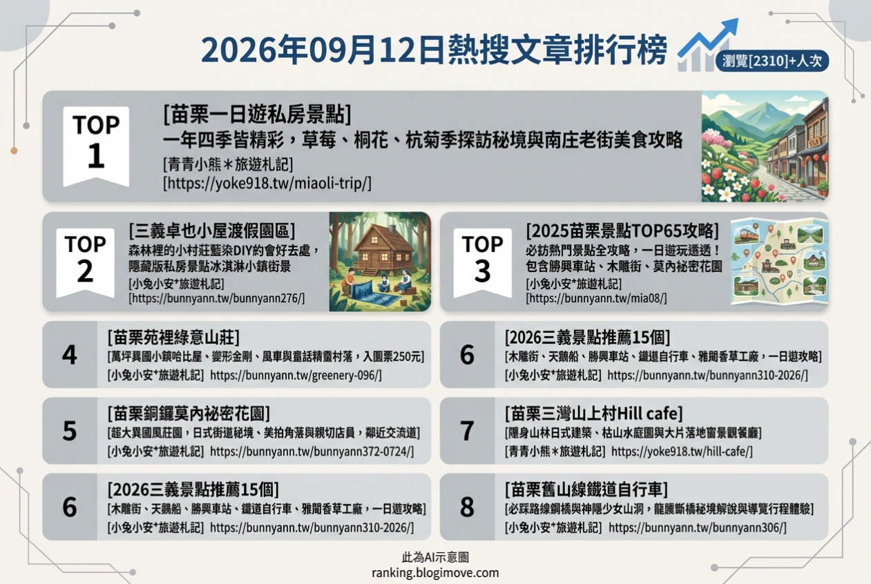2026年09月12日| 國內旅遊 | 熱門搜尋文章導讀：苗栗景點、一日遊攻略與獨特體驗。 @Blogimove Ranking