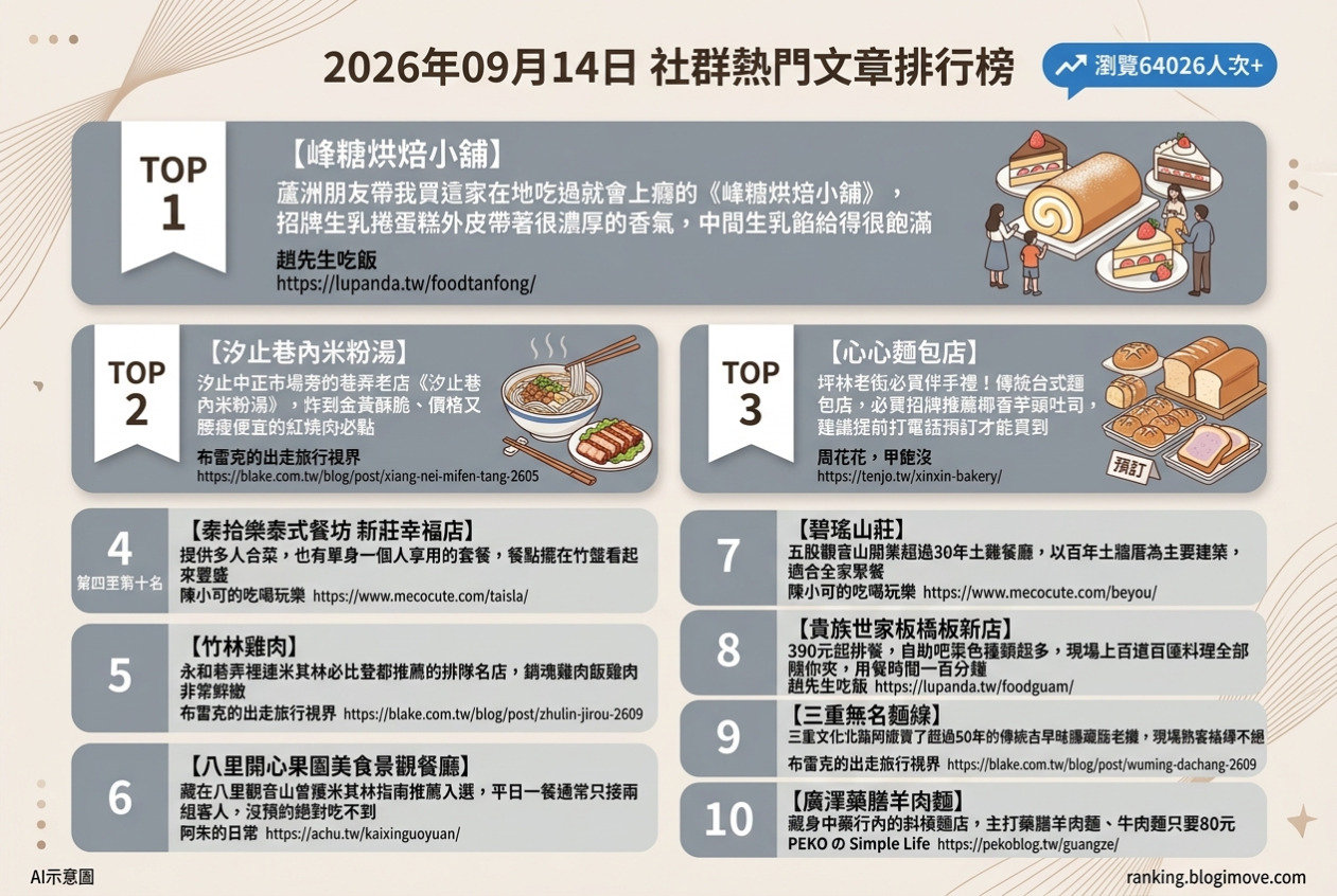 2026年09月14日| 新北美食 | 熱門社群文章導讀：蘆洲生乳捲、汐止米粉湯、坪林芋頭吐司、新莊泰式料理與永和雞肉飯 @Blogimove Ranking