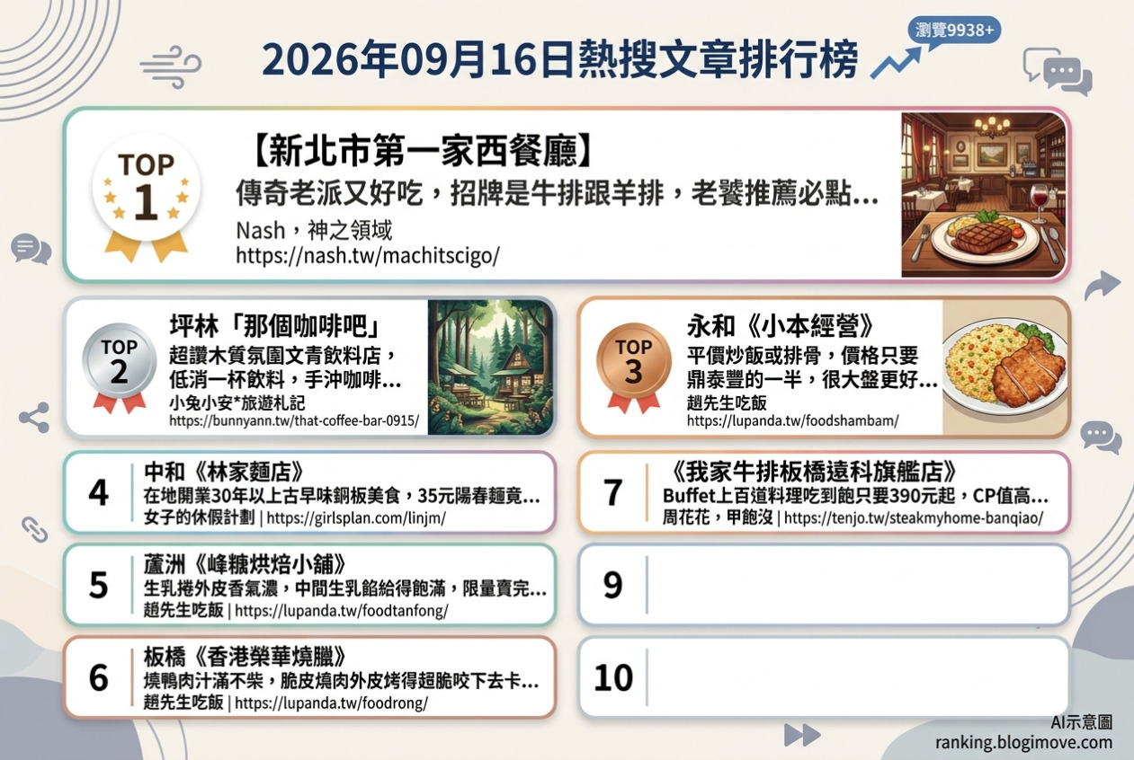 2026年09月16日| 新北美食 | 熱搜文章導讀：西餐廳牛排、森林咖啡、平價炒飯、古早味麵店與生乳捲。 @Blogimove Ranking