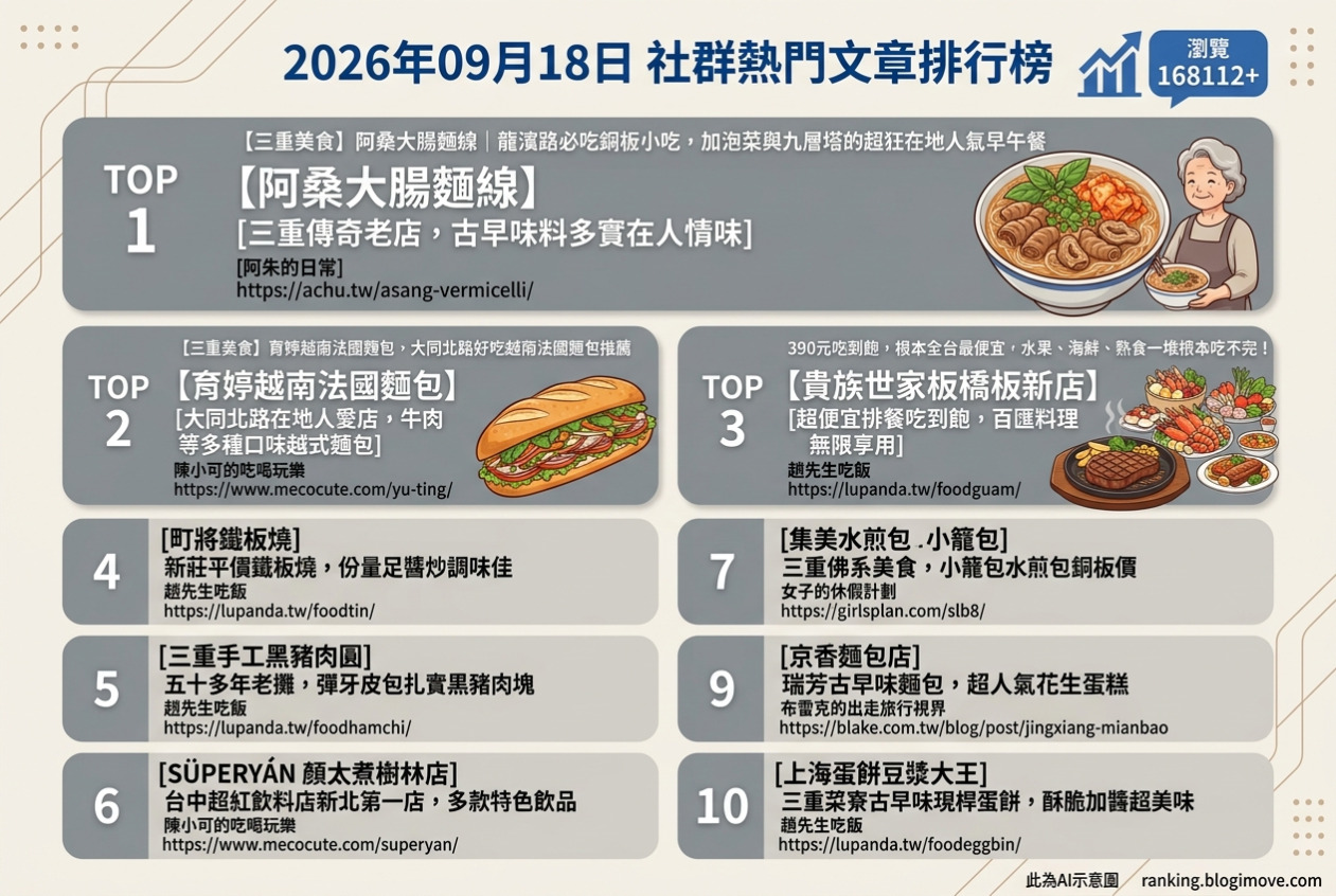 2026年09月18日| 新北美食 | 熱門社群文章導讀：三重大腸麵線、板橋吃到飽、新莊鐵板燒、三重黑豬肉圓與樹林平價飲料 @Blogimove Ranking