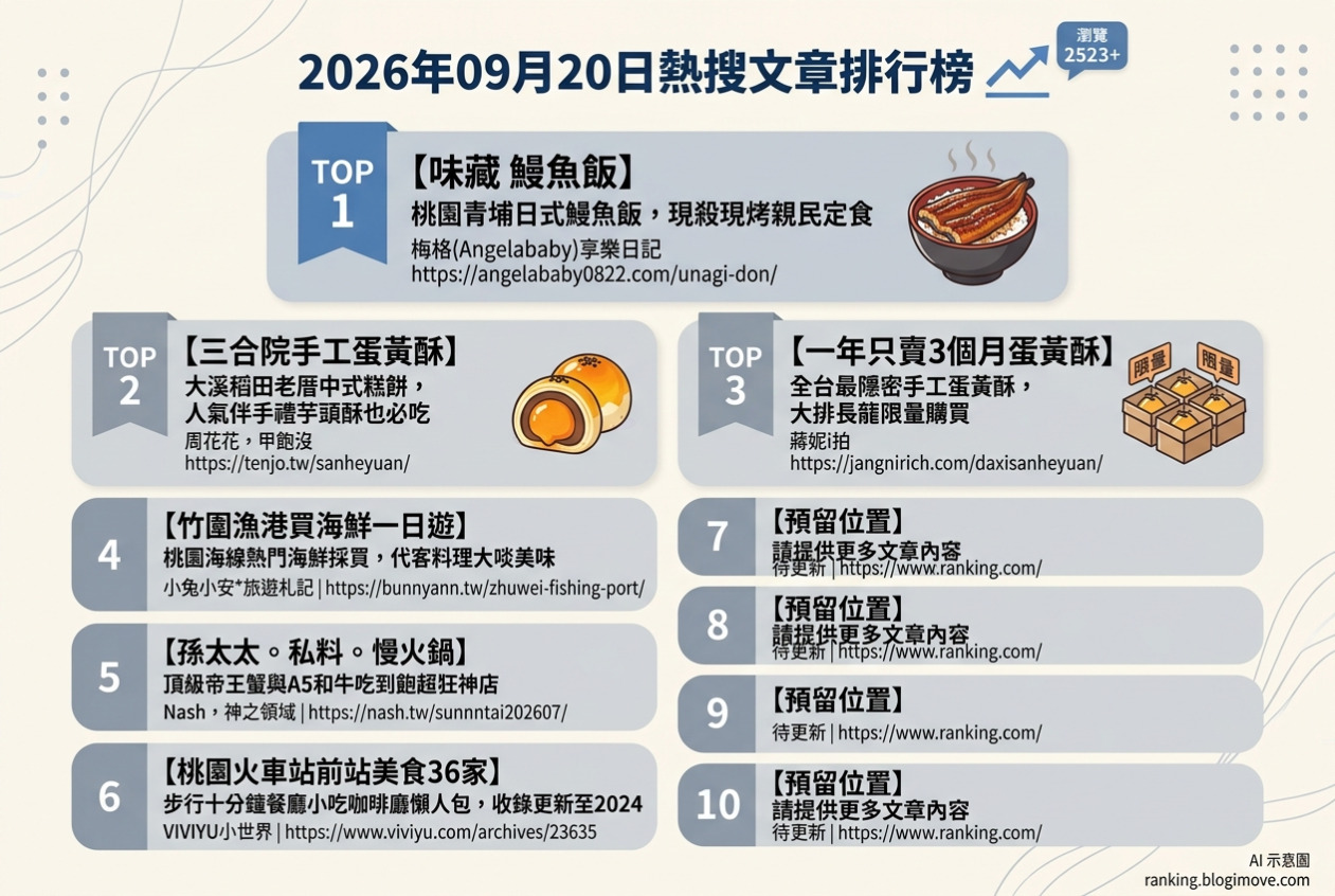 2026年09月20日| 桃園美食 | 熱搜文章導讀：日式鰻魚飯、三合院蛋黃酥、竹圍漁港海鮮、頂級帝王蟹火鍋與火車站美食 @Blogimove Ranking