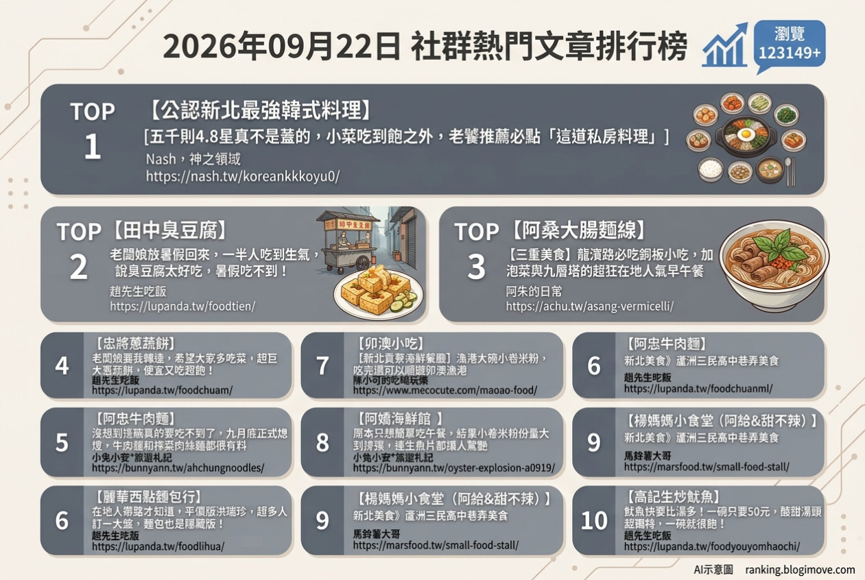 2026年09月22日| 新北美食 | 熱門社群文章導讀：新北最強韓式料理、排隊臭豆腐、古早味麵線、超巨大蔥蔬餅與阿忠牛肉麵 @Blogimove Ranking