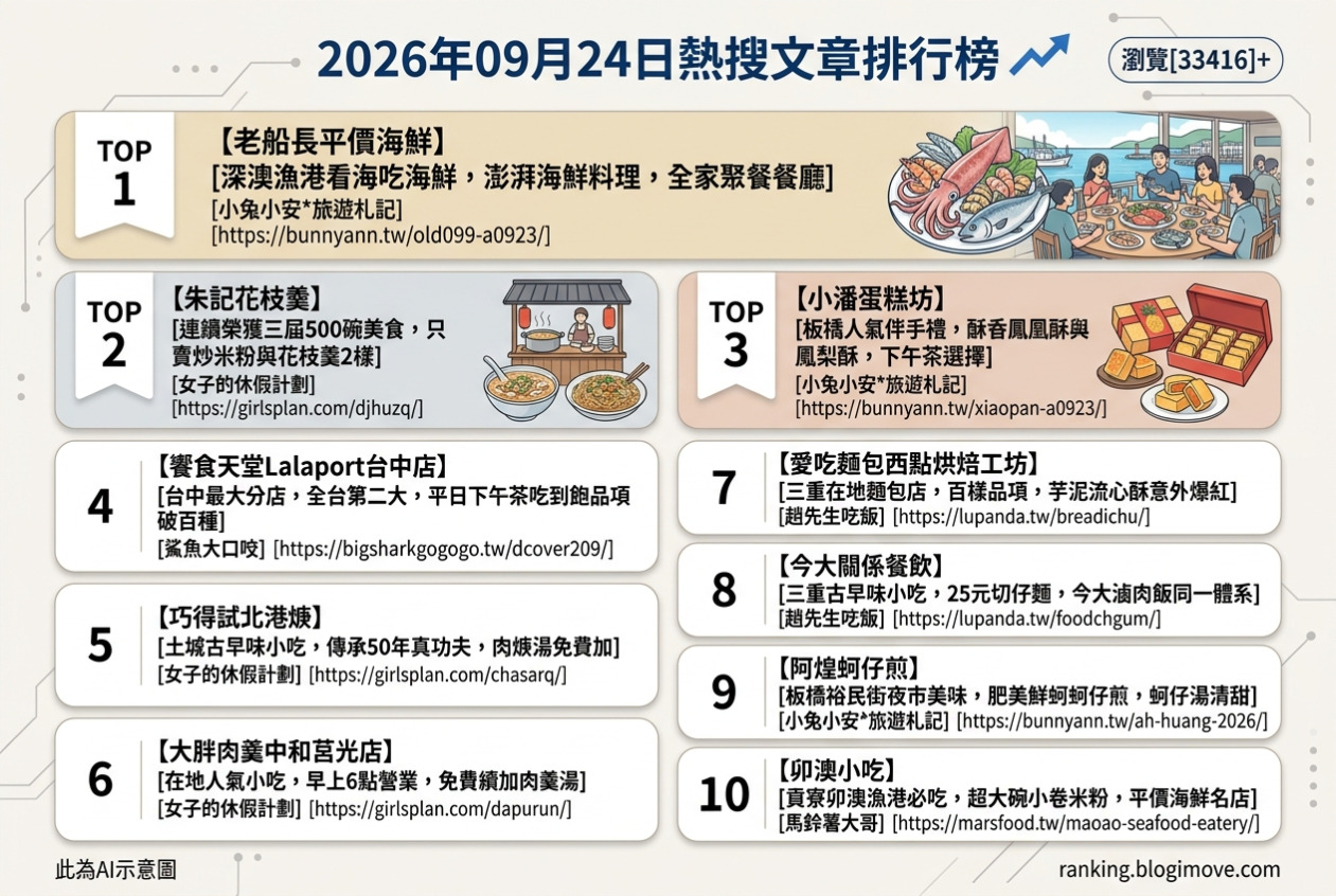2026年09月24日| 新北美食 | 熱搜文章導讀：深澳海鮮、三重花枝羹、板橋鳳凰酥、台中吃到飽與北港肉焿 @Blogimove Ranking