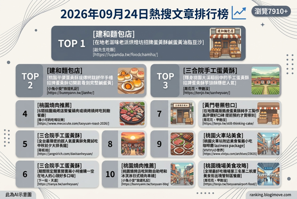 2026年09月24日| 桃園美食 | 熱搜文章導讀：桃鶯路平價蛋黃酥、大溪三合院限定烘焙與人氣燒肉聚餐。 @Blogimove Ranking