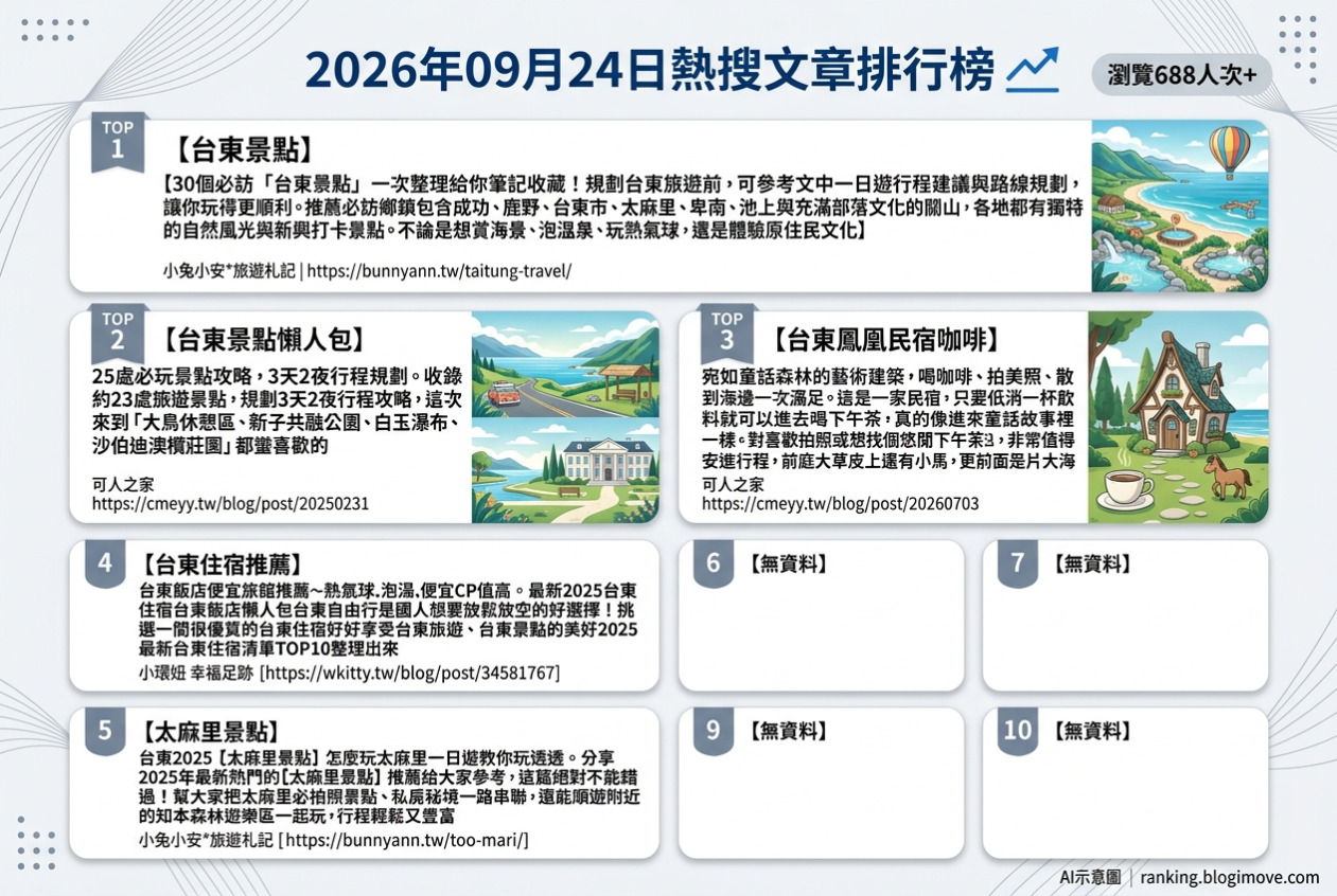 2026年09月24日| 國內旅遊 | 熱搜文章導讀：精選台東景點、3天2夜行程、童話民宿、高CP值住宿與太麻里一日遊。 @Blogimove Ranking