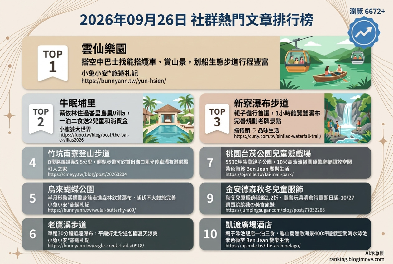 2026年09月26日| 親子旅行 | 熱門社群文章導讀：雲仙樂園高空纜車、牛眠埔里度假Villa、新寮瀑布健行、竹坑南寮登山步道與烏來蝴蝶公園。 @Blogimove Ranking