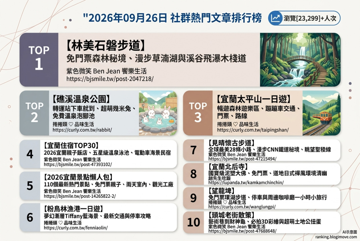 2026年09月26日| 宜蘭景點 | 熱門社群國內旅遊文章導讀：林美石磐步道、礁溪溫泉公園、太平山國家森林遊樂區、宜蘭住宿TOP30與110個熱門景點攻略。 @Blogimove Ranking