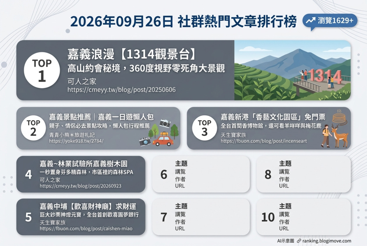 2026年09月26日| 嘉義景點 | 熱門社群國內旅遊文章導讀：1314觀景台、一日遊懶人包、香藝文化園區、嘉義樹木園與歡喜財神廟。 @Blogimove Ranking