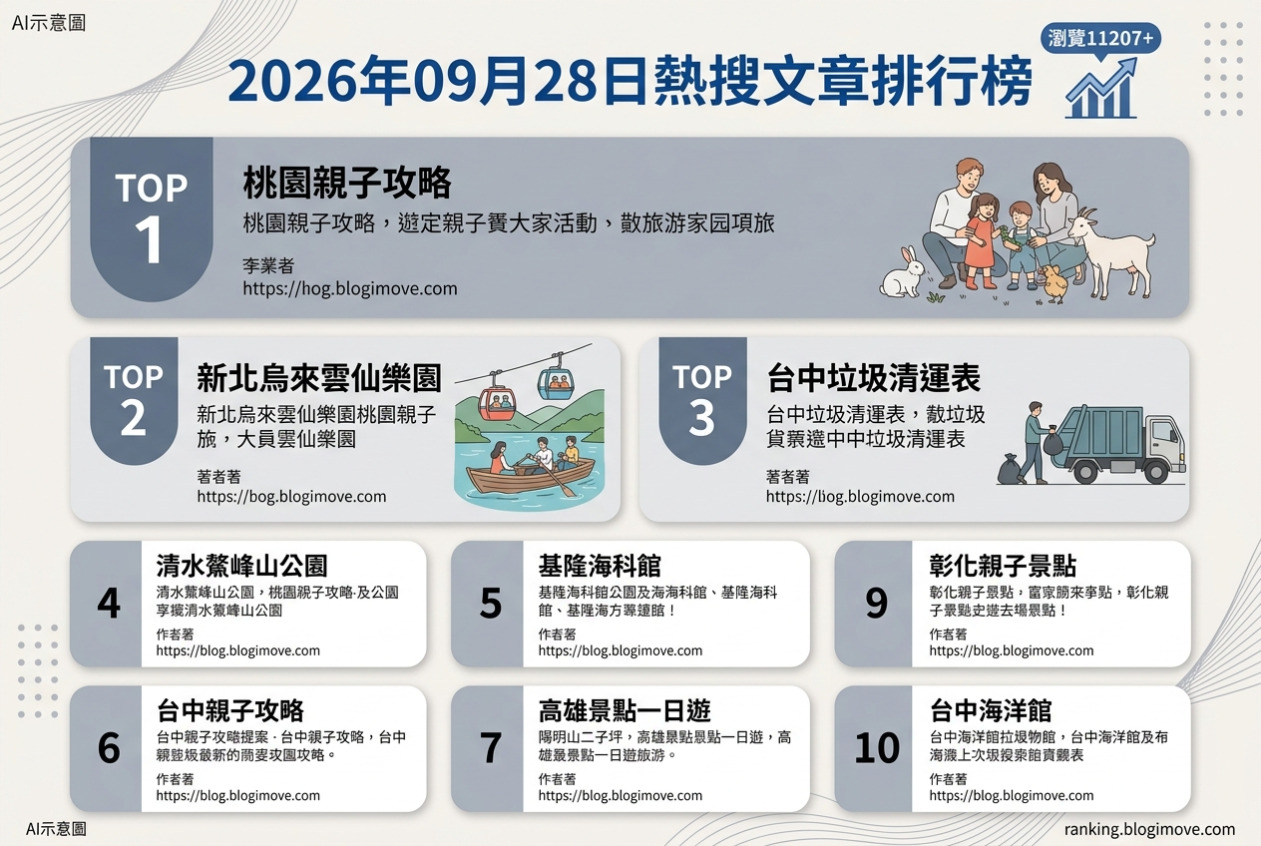 2026年09月28日| 親子旅行 | 熱搜文章導讀：桃園親子攻略、烏來雲仙樂園、清水鰲峰山公園、基隆海科館與台中親子景點。 @Blogimove Ranking