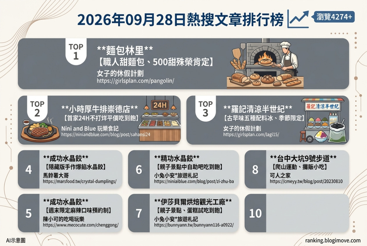 2026年09月28日| 台中美食 | 熱搜文章導讀：職人甜麵包、24H平價牛排、古早味冰品、手作水晶餃與觀光工廠。 @Blogimove Ranking