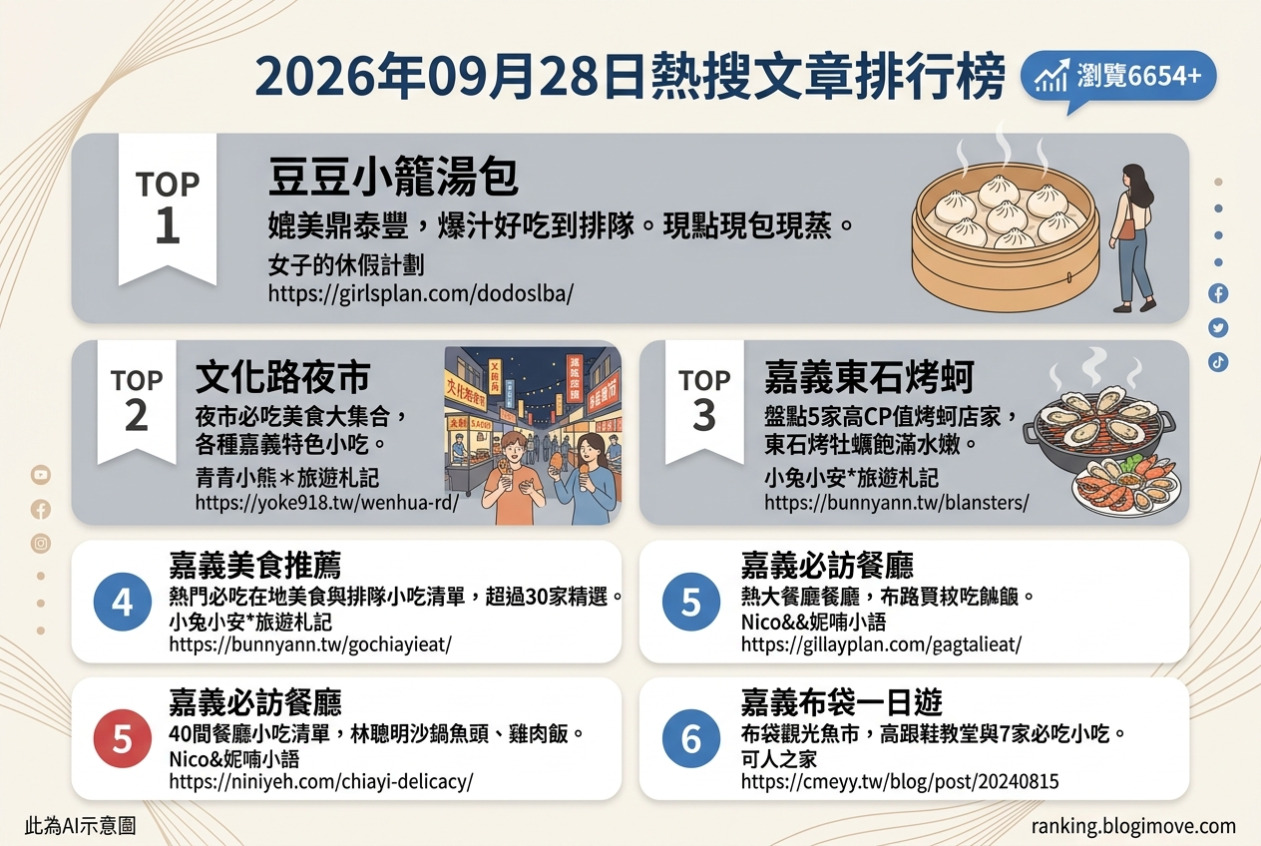2026年09月28日| 嘉義美食 | 熱門搜尋美食文章導讀：豆豆小籠湯包、文化路夜市、東石烤蚵、必吃在地美食與布袋一日遊。 @Blogimove Ranking