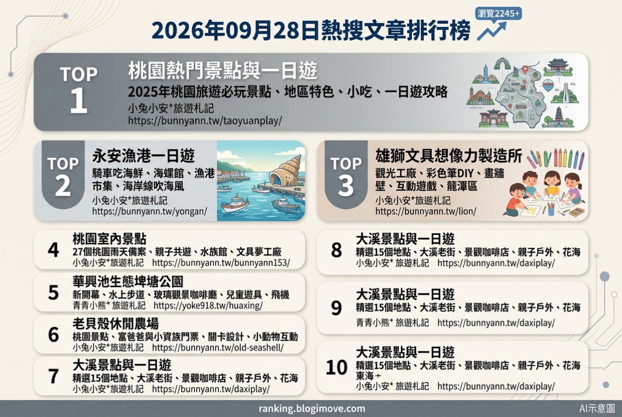 2026年09月28日| 桃園景點 | 熱搜文章導讀：桃園熱門景點、永安漁港、想像力製造所、室內景點與生態埤塘公園。 @Blogimove Ranking
