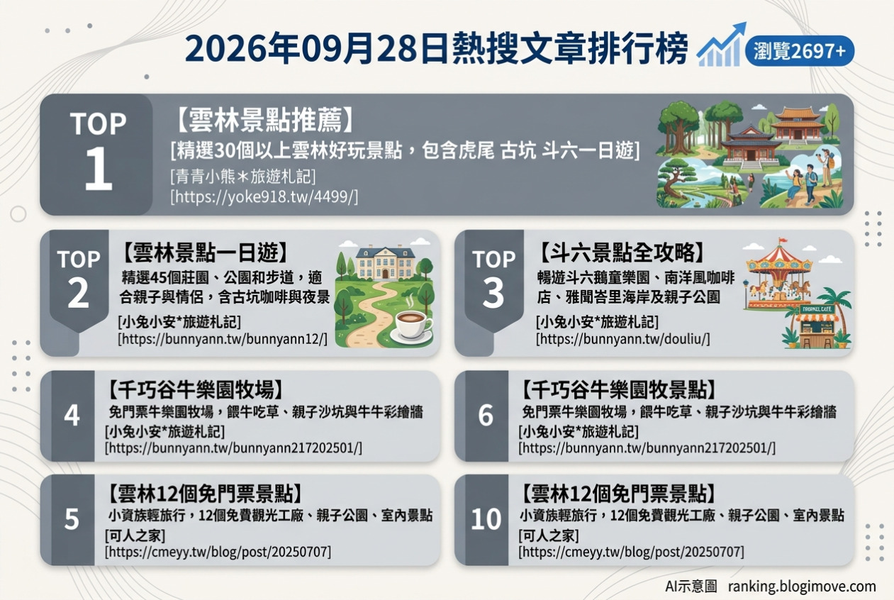2026年09月28日| 雲林景點 | 熱門搜尋國內旅遊文章導讀：雲林一日遊、免門票景點、古坑虎尾斗六全攻略 @Blogimove Ranking