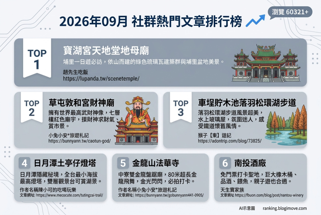 2026年09月| 南投景點 | 熱門社群國內旅遊文章導讀：寶湖宮天地堂地母廟、草屯敦和宮、車埕貯木池、土亭仔燈塔與金龍山法華寺。 @Blogimove Ranking
