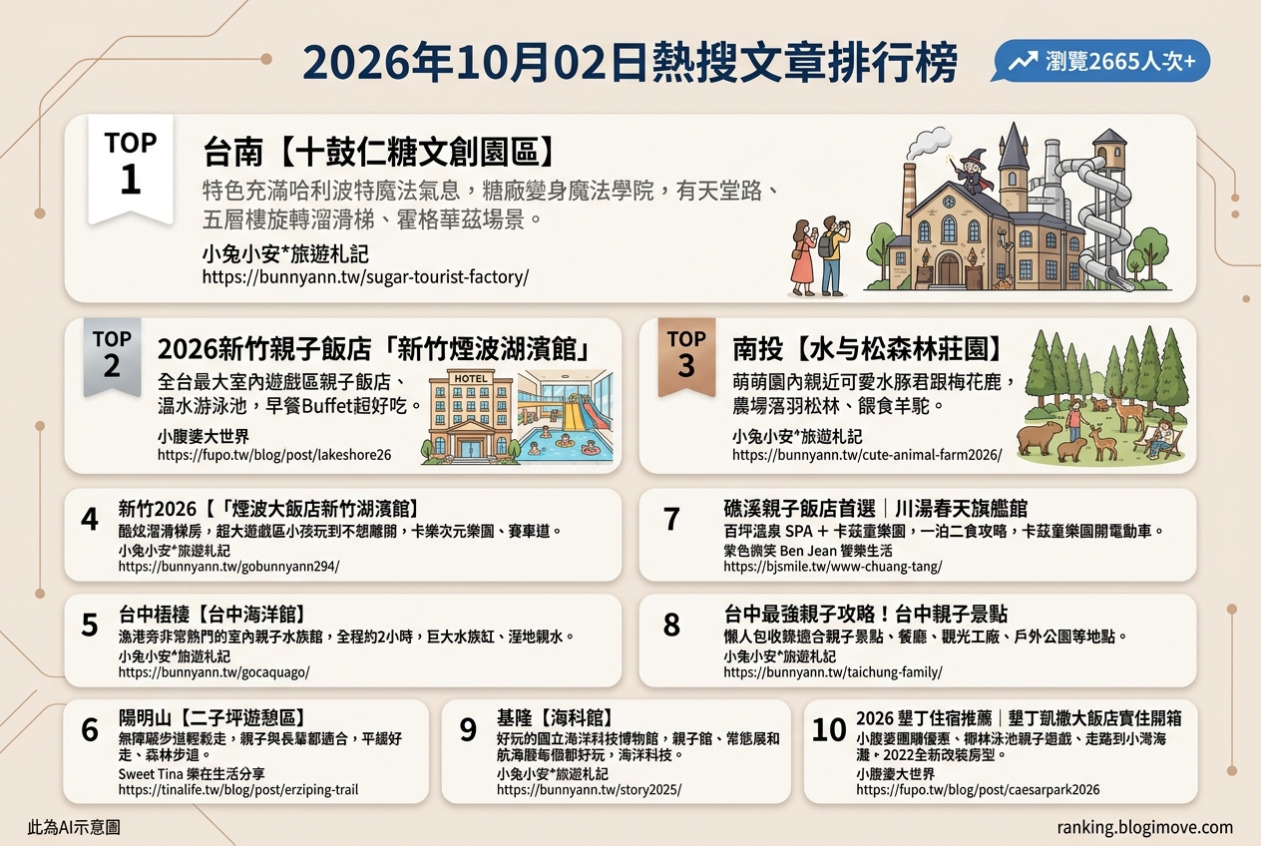 2026年10月02日| 親子旅行 | 熱搜文章導讀：台南十鼓魔法學院、新竹煙波親子飯店、南投水与松萌寵莊園、台中海洋館與陽明山二子坪步道。 @Blogimove Ranking