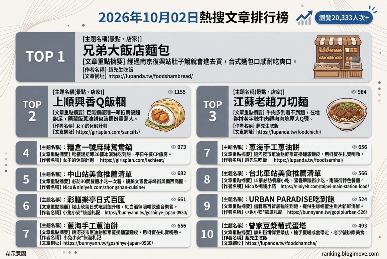 2026年10月02日| 台北美食 | 熱搜文章導讀：兄弟大飯店麵包、超巨無霸蔥油餅飯糰、江蘇老趙刀切麵、糧倉一號麻辣鍋、中山站美食清單 @Blogimove Ranking