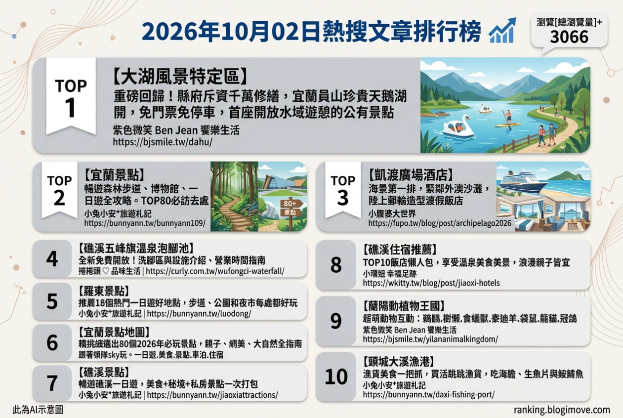 2026年10月02日| 宜蘭景點 | 熱搜文章導讀：大湖風景特定區新開園、宜蘭80個必玩景點、凱渡廣場酒店海景第一排、五峰旗溫泉泡腳池與羅東一日遊攻略。 @Blogimove Ranking