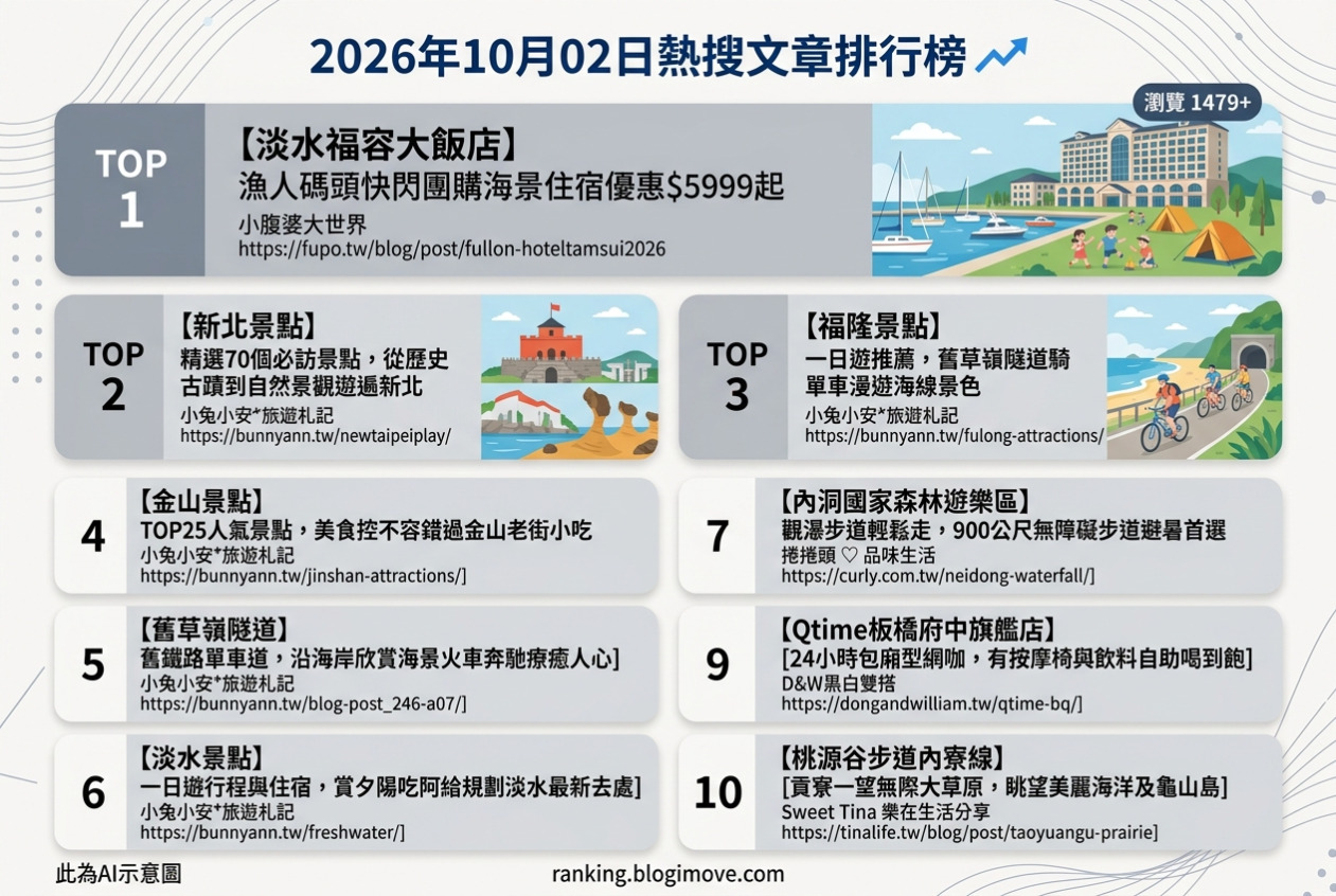 2026年10月02日| 新北景點 | 熱搜文章導讀：淡水海景住宿、新北一日遊、福隆單車及金山人氣景點。 @Blogimove Ranking