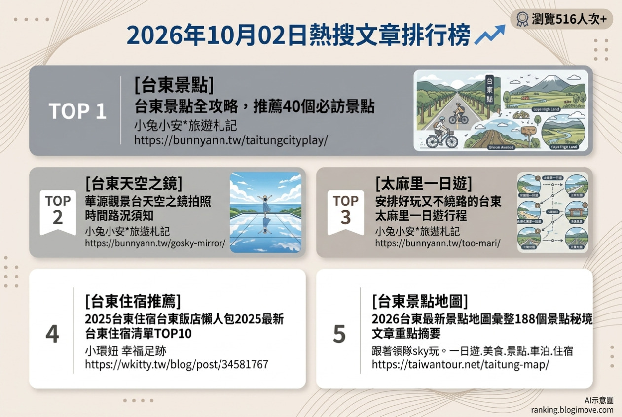 2026年10月02日| 台東景點 | 熱搜文章導讀：台東景點全攻略、天空之鏡、太麻里一日遊與住宿推薦。 @Blogimove Ranking