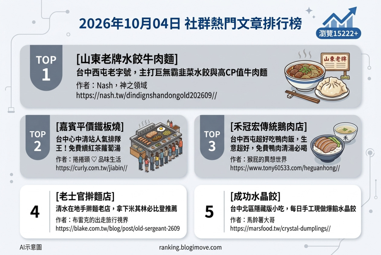 2026年10月04日| 台中美食 | 熱門社群美食文章導讀：巨無霸水餃、平價鐵板燒、傳統鴨肉飯、米其林手擀麵與爆餡水晶餃。 @Blogimove Ranking