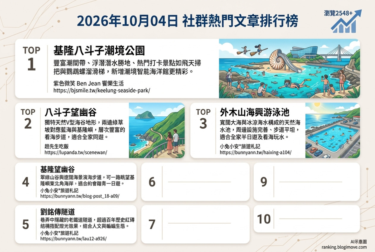 2026年10月04日| 基隆景點 | 熱門社群國內旅遊文章導讀：八斗子潮境公園、望幽谷、外木山海興游泳池與劉銘傳隧道。 @Blogimove Ranking