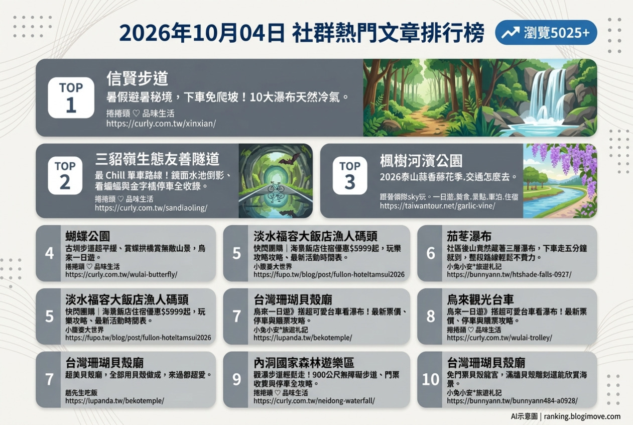 2026年10月04日| 新北景點 | 熱門社群國內旅遊文章導讀：信賢步道、三貂嶺隧道、蒜香藤花季、蝴蝶公園與淡水福容海景住宿。 @Blogimove Ranking