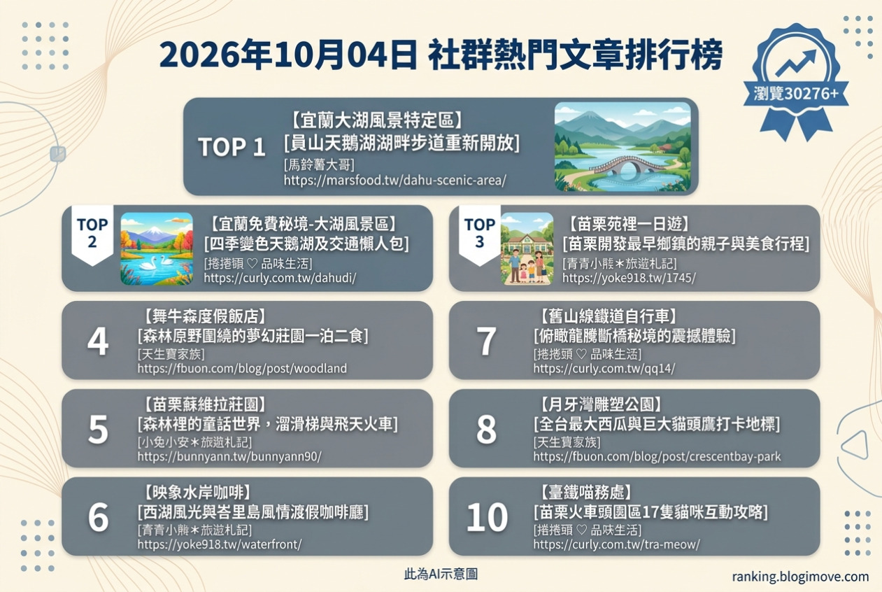 2026年10月04日| 國內旅遊 | 熱門社群文章導讀：宜蘭大湖風景特定區、苗栗苑裡一日遊、舞牛森度假飯店、蘇維拉莊園與映象水岸咖啡 @Blogimove Ranking