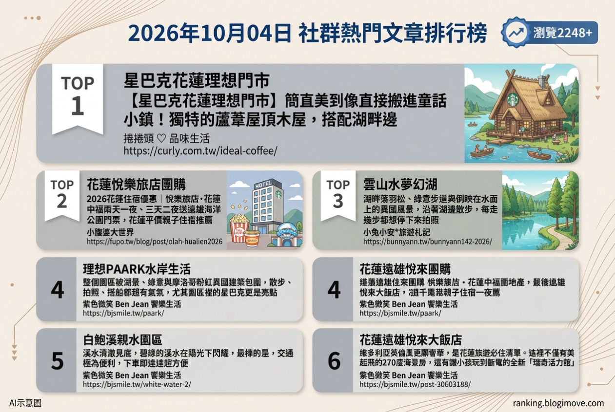 2026年10月04日| 花蓮景點 | 熱門社群國內旅遊文章導讀：星巴克童話小屋、夢幻湖景、親子渡假飯店與消暑戲水秘境。 @Blogimove Ranking