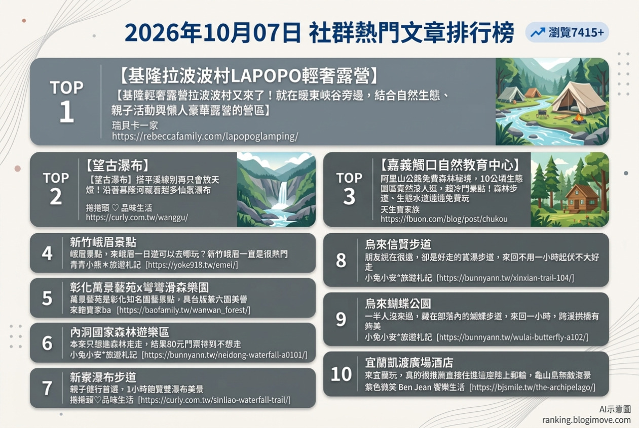 2026年10月07日| 親子旅行 | 熱門社群文章導讀：基隆輕奢露營、平溪望古瀑布、阿里山公路森林秘境、新竹峨眉一日遊與彰化萬景藝苑滑森樂園 @Blogimove Ranking