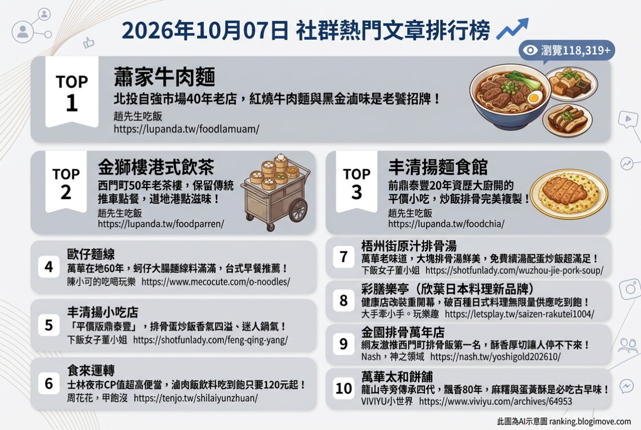 2026年10月07日| 台北美食 | 熱門社群文章導讀：北投蕭家牛肉麵、西門町金獅樓、北投丰清揚麵食館、萬華歐仔麵線與士林夜市食來運轉。 @Blogimove Ranking