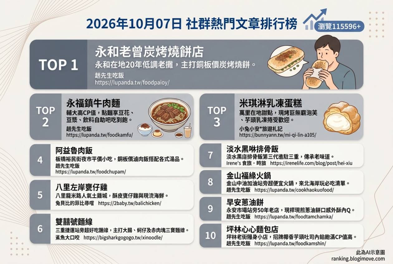 2026年10月07日| 新北美食 | 熱門社群文章導讀：永和超大炭烤燒餅、輔大高CP值牛肉麵、萬里巨無霸泡芙、板橋銅板滷肉飯與八里左岸甕仔雞 @Blogimove Ranking