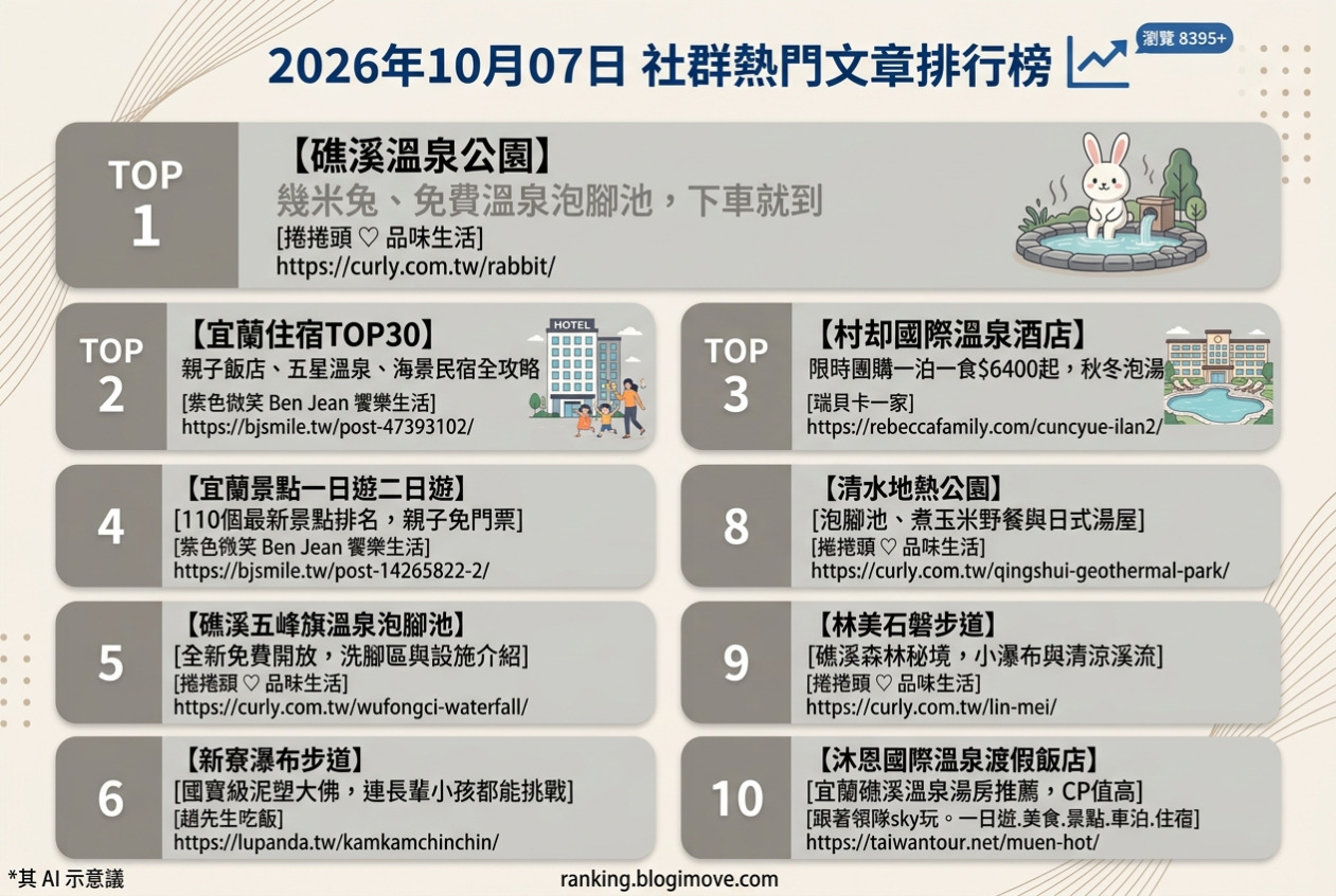 2026年10月07日| 國內旅遊 | 熱門社群文章導讀：礁溪溫泉公園、宜蘭親子住宿、新開幕大湖風景特定區、新寮瀑布步道與北關海潮公園。 @Blogimove Ranking