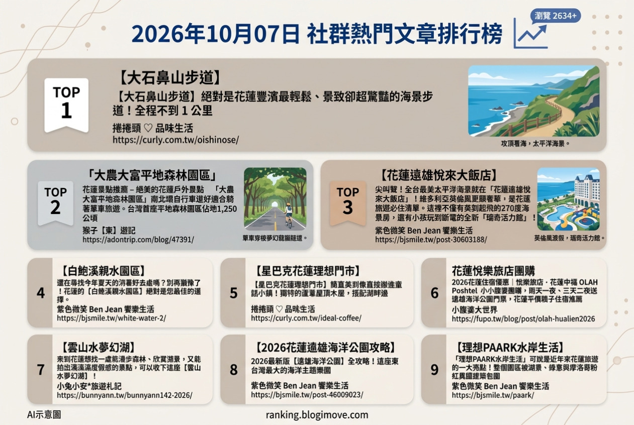 2026年10月07日| 國內旅遊 | 熱門社群文章導讀：大石鼻山步道、平地森林、遠雄悅來大飯店、白鮑溪親水園區與星巴克理想門市。 @Blogimove Ranking