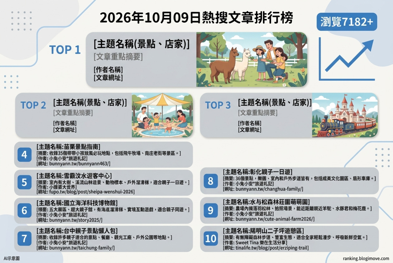 2026年10月09日| 親子旅行 | 熱搜文章導讀：桃園親子攻略、高雄半室內樂園、台南十鼓魔法園區、苗栗景點與雪霸汶水遊客中心。 @Blogimove Ranking