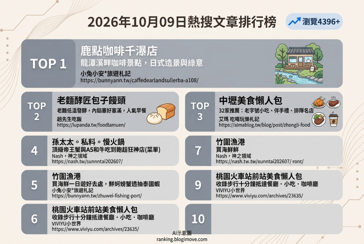 2026年10月09日| 桃園美食 | 熱搜文章導讀：鹿點咖啡千瀑店、老麵酵匠包子饅頭、中壢美食懶人包與孫太太慢火鍋。 @Blogimove Ranking