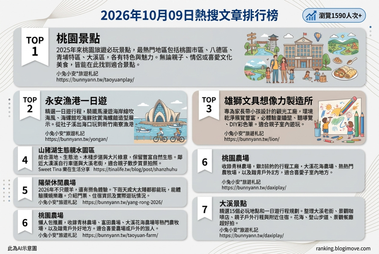 2026年10月09日| 桃園景點 | 熱搜文章導讀：TOP60桃園熱門景點、永安漁港一日遊、雄獅文具想像力製造所、山豬湖生態親水園區與陽榮休閒農場 @Blogimove Ranking