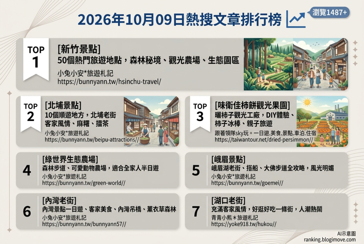 2026年10月09日| 國內旅遊 | 熱搜文章導讀：新竹景點、北埔老街、綠世界農場、峨眉湖與內灣老街。 @Blogimove Ranking