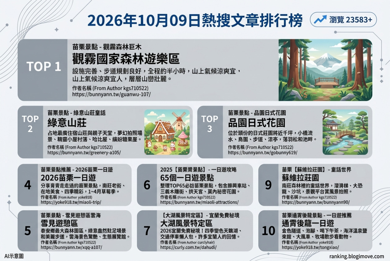 2026年10月09日| 苗栗景點 | 熱搜文章導讀：觀霧森林巨木、綠意山莊童話、品園日式花園、雪見遊憩區雲海與山上村日式建築。 @Blogimove Ranking