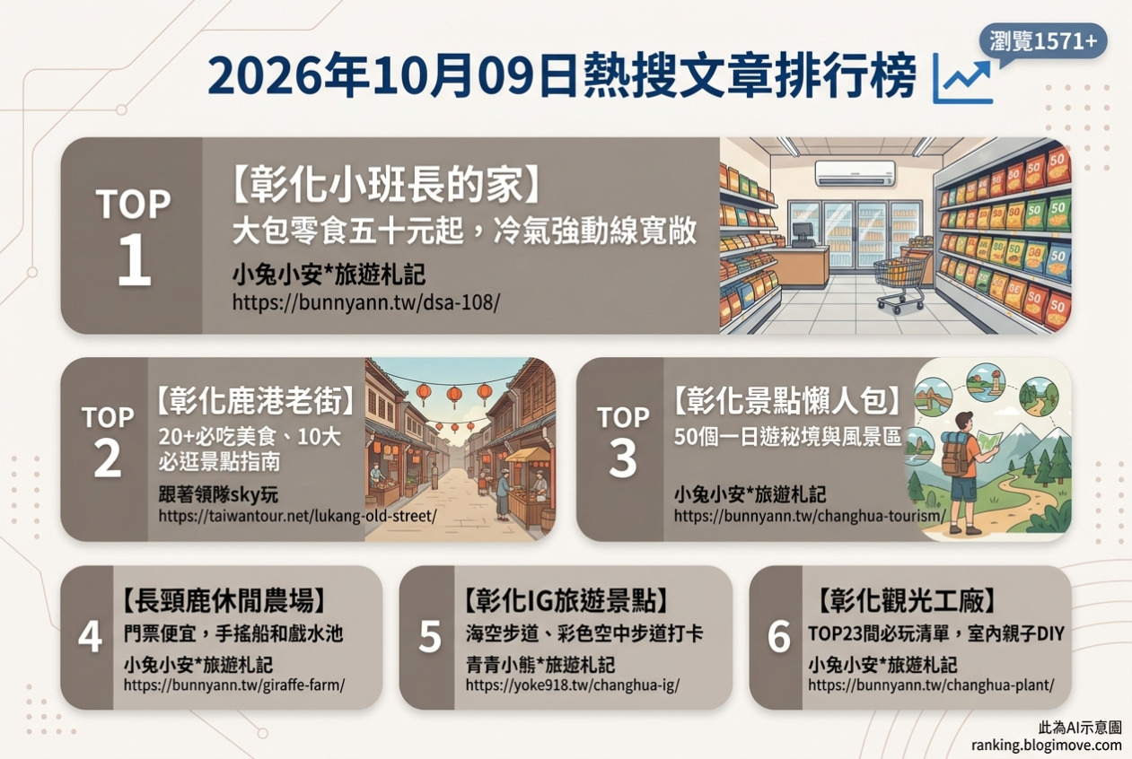 2026年10月09日| 彰化景點 | 熱門搜尋國內旅遊文章導讀：小班長零食店、鹿港老街美食、50個一日遊秘境、長頸鹿休閒農場與IG打卡熱點 @Blogimove Ranking