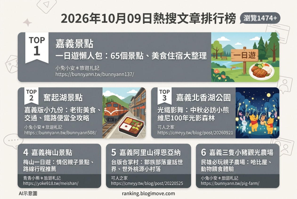 2026年10月09日| 嘉義景點 | 熱搜文章導讀：嘉義一日遊、奮起湖老街、北香湖公園、梅山景點與得恩亞納。 @Blogimove Ranking